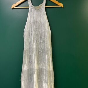 White and silver fringe flapper dress